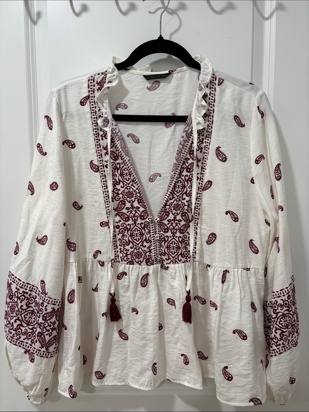 Zara White Tunic Blouse with Burgundy Paisley Print